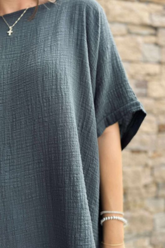Pure Cotton Santos Keyhole Drape Back Top Charcoal